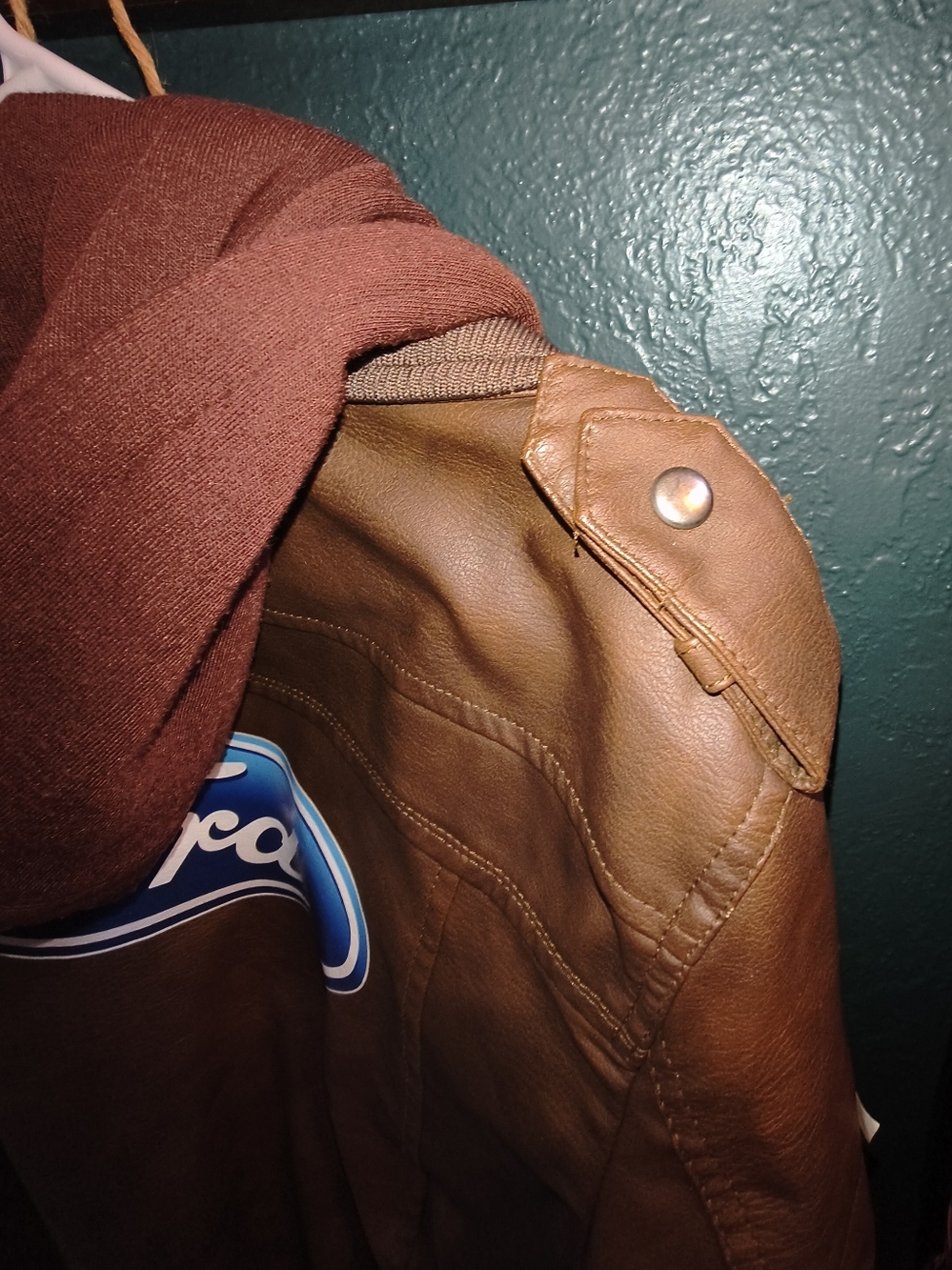 Woman's Brown Hooded Faux Leather Jacket with Ford Patch - Picture 6 of 14